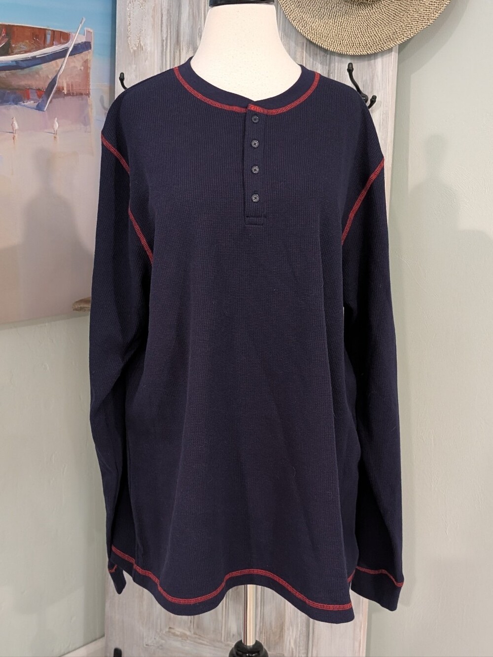 NWT Pajamagram Navy Long-Sleeve Henley with Red Contrast Trim
